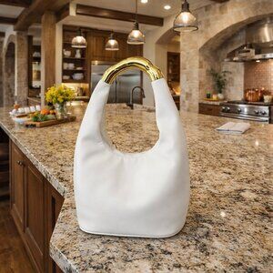 White Leather Hobo Shoulder Bag with Gold Handle